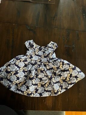 Janie and Jack Navy Floral Jacquard Party Dress with Ivory and Gold Roses